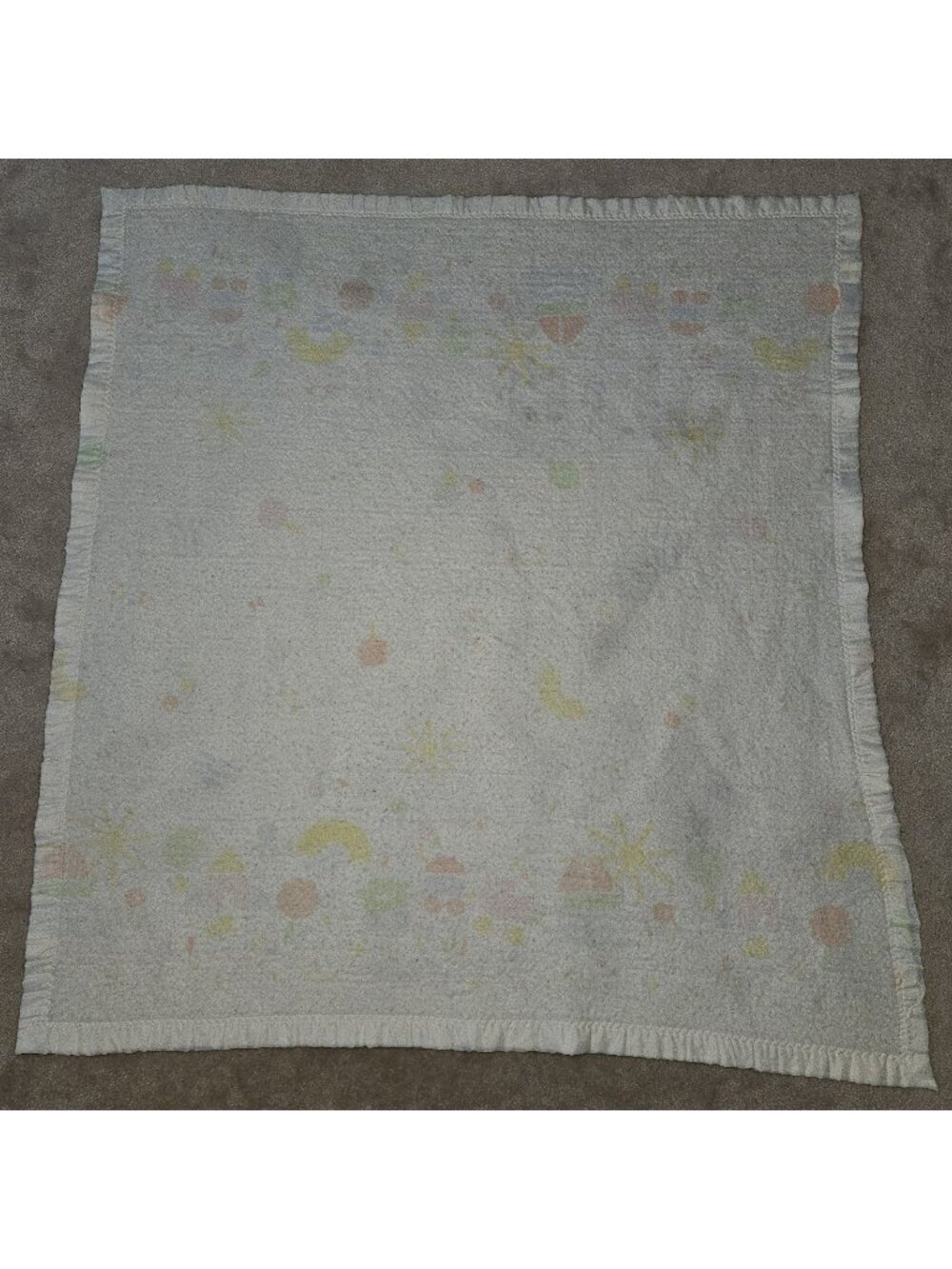 VTG WPL 1675 Acrylic Baby Blanket Satin Trim Boat Train Sun Tree FADED AS IS